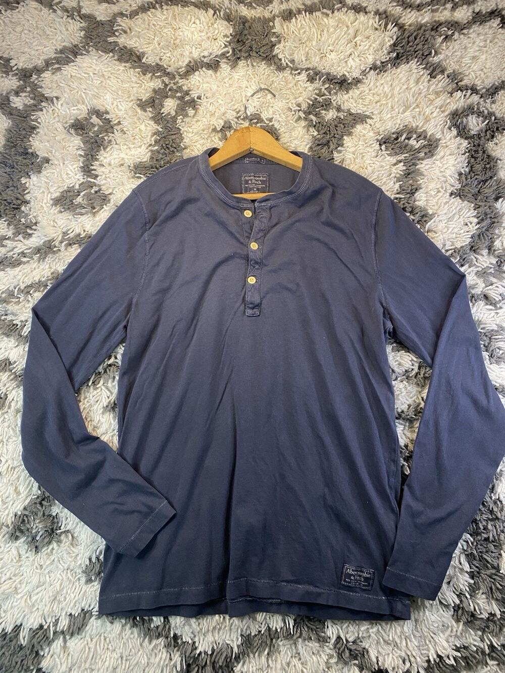 Abercrombie & Fitch Men's M Blue Solid Cotton Knit Henley Button L/S T-Shirt